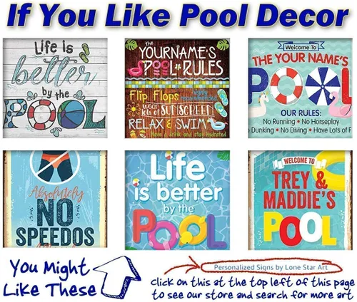 Miniatura 4 de Cartel de piscina – Arte de pared de metal «Swim at Your Own Risk» – Decoración duradera de piscina al aire libre para terraza, patio o patio