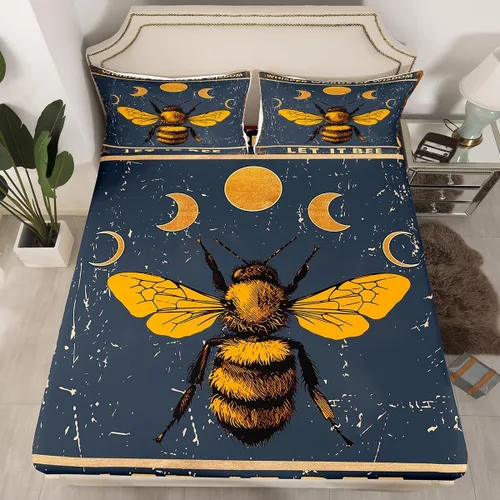 Miniatura 13 de Juego de ropa de cama de nido de abeja, sábana bajera ajustable de abeja para niños y niñas, diseño geométrico de vida silvestre voladora, juego
