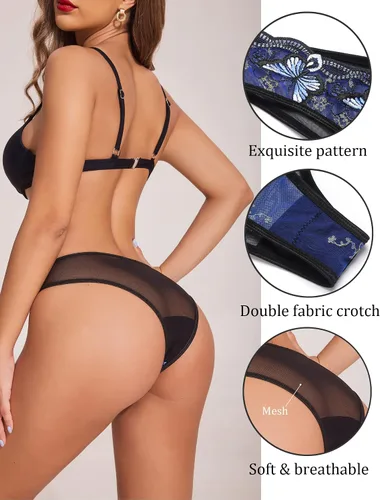 Miniatura 4 de Avidlove Bragas sexy para mujer, paquete de bragas de malla bordadas con mariposa
