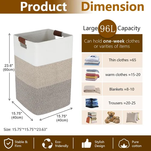 Miniatura 4 de Cesta de Ropa Sucia 96L Extra Grande Cesta de Ropa Sucia, Cesta Tejida para Mantas, Cesta de Almacenamiento Tejida de Algodón con Asas para Sala