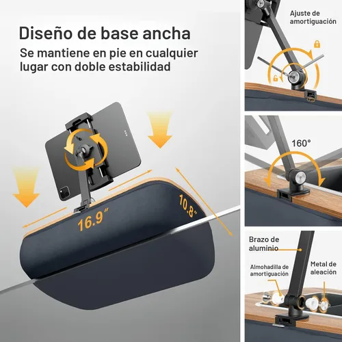 Miniatura 6 de ERGONOV Almohada de frijoles para tableta portátil, soporte ajustable para iPad con cuenco para snacks, clip giratorio de 360° para Kindle, teléfono