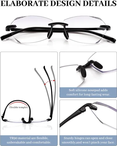 Miniatura 3 de LUFF Rimless Reading Glasses for Women Men,Lightweight Classic Stylish Diamond Cut Edge Blue Light Readers,Anti Eyestrain