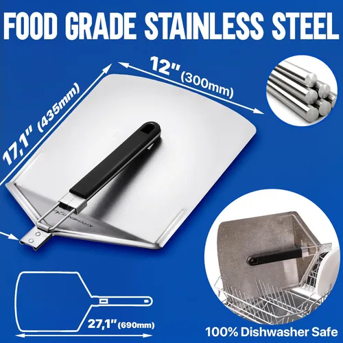 Miniatura 3 de KitchenStar Pala de pizza de metal de 12 pulgadas con mango plegable, paleta de espátula de acero inoxidable para transferencia de pizza sin