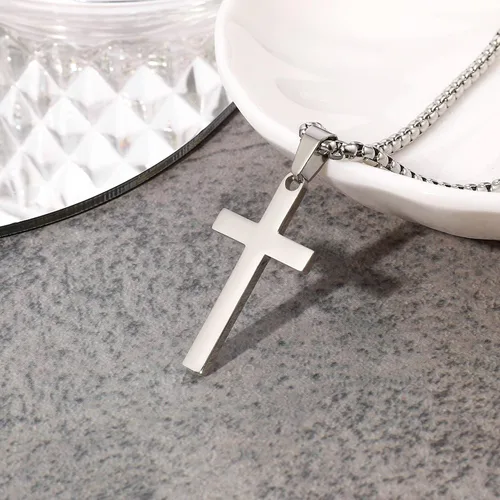 Miniatura 9 de LUXEJEW Collar de cruz de acero inoxidable para hombres y niños, cadena de eslabones cubanos de plata dorada y negra, cadena de cadena con colgante