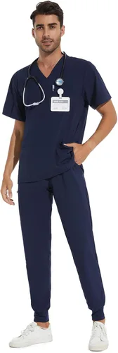 COZYFIT Conjunto de ropa quirúrgica para hombre camiseta elástica con cuello en V y pantalón deportivo con 8 bolsillos, cintura de yoga, ropa