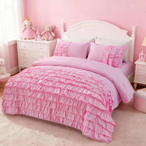 Miniatura 19 de Holawakaka Juego de edredón con volantes en cascada de color azul claro, juego de ropa de cama con volantes estilo shabby chic para niñas, mujeres