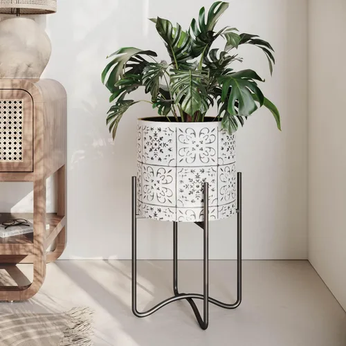Miniatura 8 de EverNest Tristan - Maceta neutra de diseño bohemio blanco y negro con soporte Ambrose, macetas SelectBase para plantas