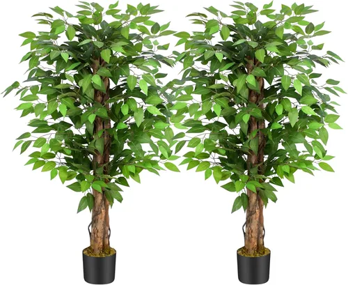 Miniatura 15 de Árboles artificiales de ficus de 3 pies con troncos naturales curvados, árbol exuberante de 36" de altura, árbol falso de ficus realista en verde