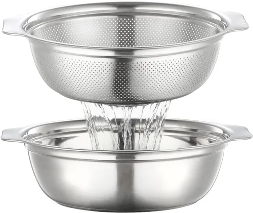 Miniatura 11 de Colador de acero inoxidable para cocina de 2 cuartos de galón, colador microporoso con tazón para mezclar, colador de arroz para lavar verduras