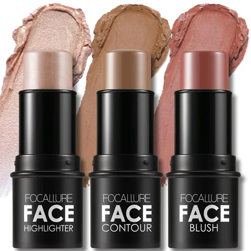 FOCALLURE 3 barras de contorno color crema, tonos con iluminador, bronceador y rubor, no graso de larga duración, fácil de esculpir la cara y crear