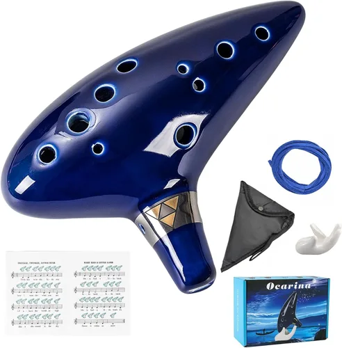 Mulucky Ocarina de arcilla natural de 12 agujeros con accesorios | Caja de regalo de instrumento musical para principiantes - Azul oscuro Verde