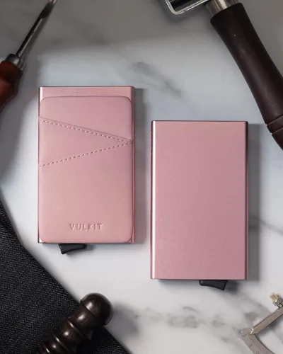 Miniatura 3 de VULKIT Cartera desplegable para tarjetas de crédito con ranuras de cuero adicionales con bloqueo RFID, funda delgada de metal para tarjetas, Rosa