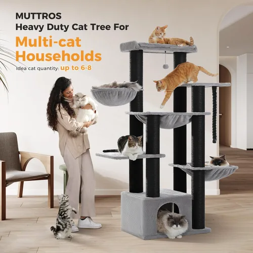 Miniatura 6 de MUTTROS Maine Coon Árbol para Gatos-67 Torre Grande para Gatos de Interior Gatos Grandes Adultos con 7 Postes Rascadores Negros Gruesos (φ4.3)