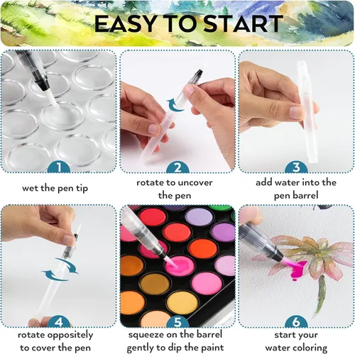 Miniatura 6 de Nicpro Juego de pintura de acuarela, kit de 48 colores de agua con 3 pinceles de pintura, paleta, bolígrafo de acuarela, suministros de pintura