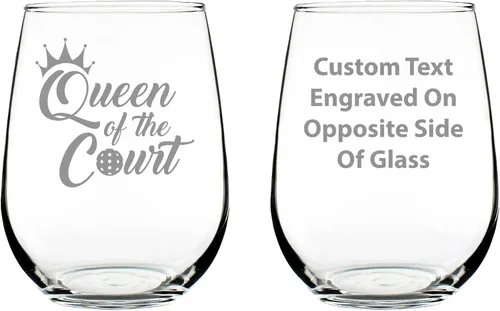 Custom Queen of the Court Personalized Stemless Wine Glass - Pickleball Gifts for Women - Pickleball Themed Décor - Large 17 Oz Glasses - Customized