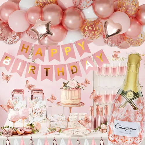 Miniatura 7 de Kit de decoración de fiesta de cumpleaños de oro rosa para mujeres y niñas, confeti de oro rosa, globos de feliz cumpleaños rosa, cortinas