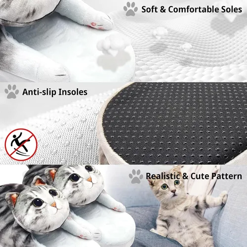 Miniatura 4 de Divertidas pantuflas de gato mullidas para mujer, zapatos de casa esponjosos, bonitas pantuflas de animales para interiores y exteriores, suaves