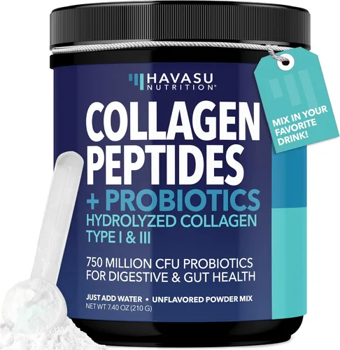 Polvo de péptidos de colágeno con probióticos - Alimentado con pasto hidrolizado tipo I y III para la salud del cabello, la piel y las uñas -