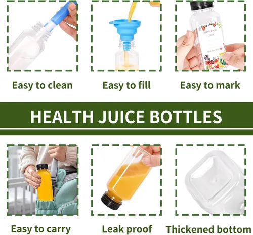 Miniatura 3 de SUPERLELE 12 botellas de plástico de 8 onzas con tapas, recipientes transparentes reutilizables para jugo con etiquetas, embudo y cepillo