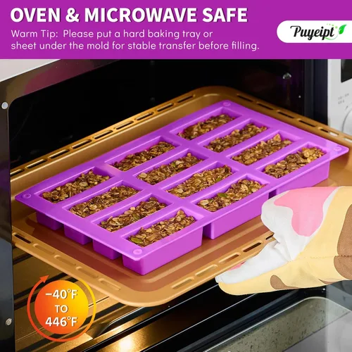 Miniatura 4 de Moldes de barra de granola de silicona de 12 cavidades, 2 moldes de barra de caramelo, molde rectangular de barra de proteínas para hornear barra
