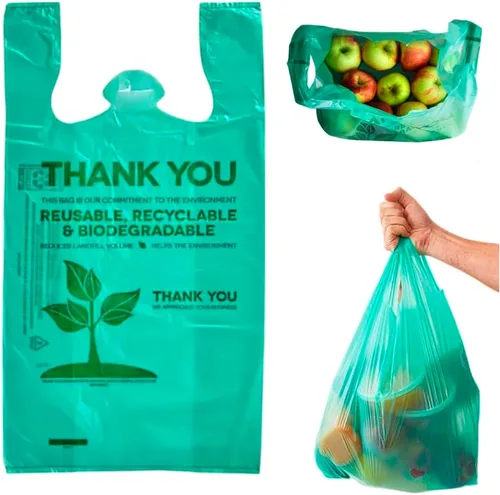 Miniatura 10 de Paquete de 25 bolsas de camiseta con asas de 22 x 12 pulgadas, bolsas de plástico biodegradable verde para compras, bolsas de agradecimiento