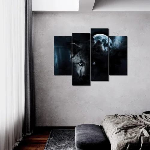 Miniatura 2 de Arte de pared de 4 paneles de lobo negro y luna llena, impresión sobre lienzo, imágenes de animales para decoración del hogar, pieza de regalo