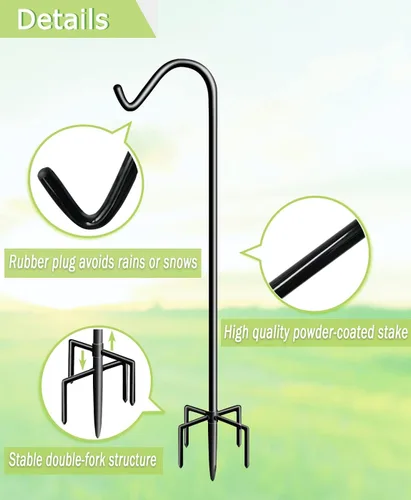 Miniatura 2 de Garbuildman Ganchos de pastor de 60 pulgadas de alto con base de 5 horquillas, soporte ajustable y resistente para comedero de pájaros