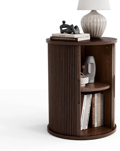 Miniatura 9 de LINSY HOME Mesa Auxiliar Redonda Acanalada, Mesa Lateral Alta con Puerta Tambour Deslizante y Estante de Almacenamiento, Mesita de Noche Moderna