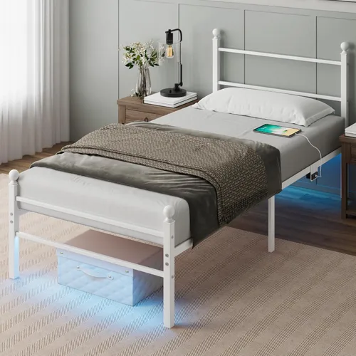 Miniatura 12 de Base de cama tamaño Queen con cabecero, plataforma de metal con luces LED, estación de carga, almacenamiento debajo de la cama y soporte de listones