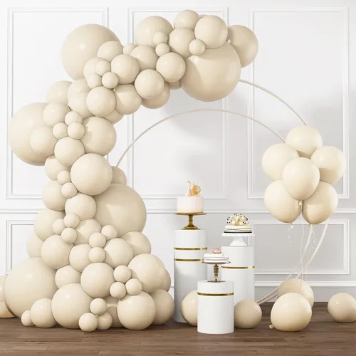 RUBFAC Globos de arena blanca de diferentes tamaños, 105 piezas de 5/10/12/18 pulgadas, color blanco arena, crema, beige, kit de arco de guirnalda