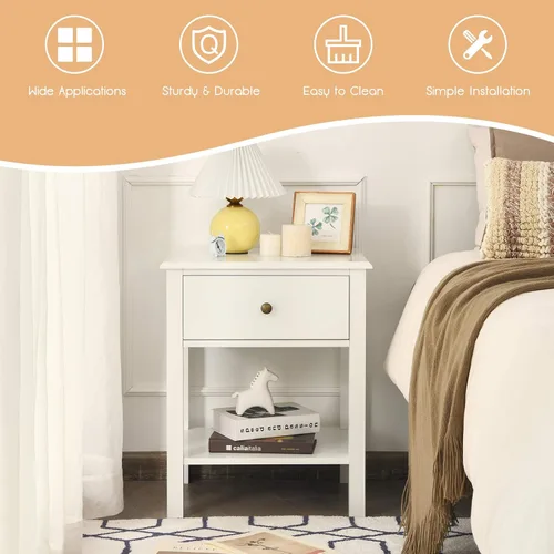 Miniatura 5 de Giantex Mesita de noche, mesa auxiliar de 2 niveles con cajón y estante de almacenamiento abierto, mesas de noche modernas, mesa auxiliar de madera