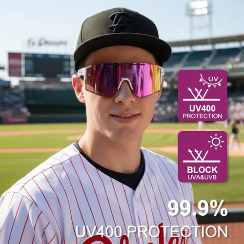 Miniatura 4 de OULAIQI Gafas de sol de ciclismo, polarizadas, para hombres y mujeres, con 1 lente o 3 lentes intercambiables, gafas de béisbol Rosa