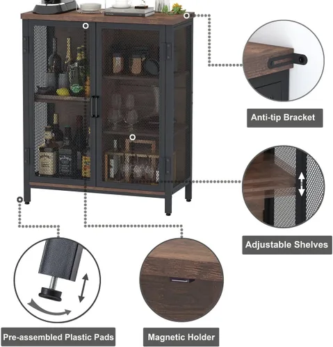 Miniatura 6 de BON AUGURE Armario rústico para barra de café para licor, gabinete de metal de madera de granja con almacenamiento, aparador industrial pequeño