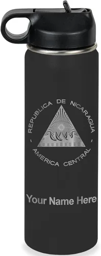 LaserGram Botella de agua personalizada, bandera de Nicaragua, acero inoxidable de doble pared aislada al vacío con popote superior, regalo grabado