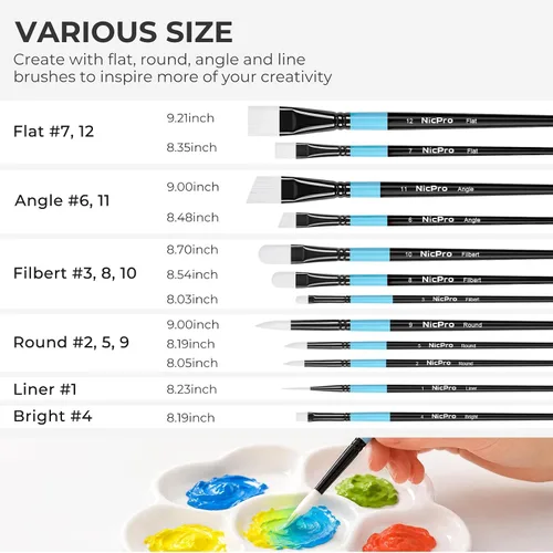 Miniatura 4 de Nicpro 12PCS Artist Paint Brush Set, Firm Synthetic Bristle Paint Brushes for Acrylic Painting & Oil, Flat Round Filbert Angle Bright Liner Brushes