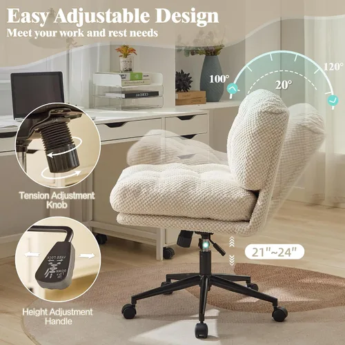 Miniatura 6 de Silla cruzada con ruedas más anchas y gruesas, silla de oficina con patas cruzadas, cómoda, ajustable, giratoria, color blanco