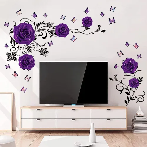 Supzone Pegatinas de pared de rosas moradas, diseño de flores y vides, decoración de pared floral de peonía morada, arte mural de vinilo para Morado