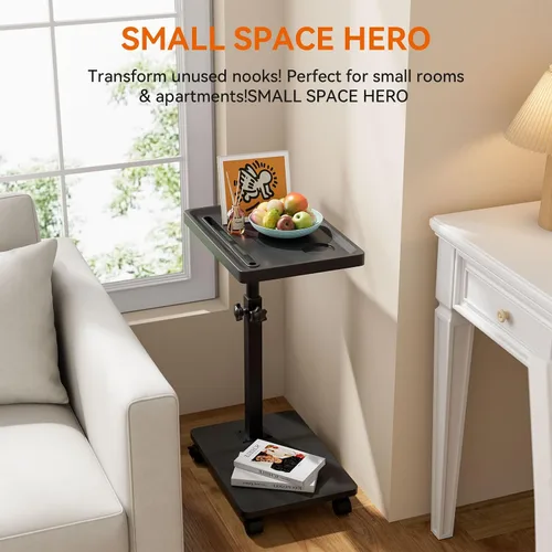 Miniatura 5 de IBUYKE Mesa auxiliar en forma de C ajustable en altura, mesa giratoria de 360° con ruedas, mesa auxiliar para espacios pequeños, sala de estar
