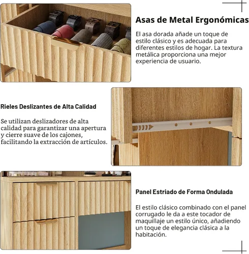 Miniatura 7 de Escritorio de tocador acanalado de 43.3 pulgadas con espejo y luces, escritorio de maquillaje de madera con estación de carga y espejo móvil, Roble