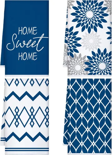 Kajaia 4 paños de cocina azules florales paños de cocina geométricos, toallas de mano decorativas bohemias, paños de mano absorbentes a cuadros,