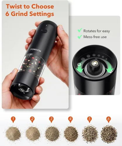 Miniatura 3 de Juego de molinillo de sal y pimienta eléctrico de TOMEEM con luces LED – Molinillo automático recargable de sal y pimienta con 6 ajustes de grosor