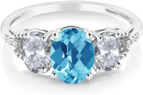 Miniatura 45 de Anillo de compromiso ovalado de oro blanco de 10 quilates con piedra natal y topacio blanco de 3 piedras con detalles de diamante Centro de 0.315