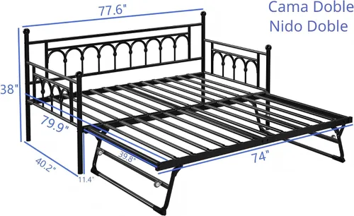 Miniatura 2 de Sofá cama individual con nido y bolsa de almacenamiento, sofá cama de metal con nido desplegable, cama de día con soporte de listones de acero, sofá