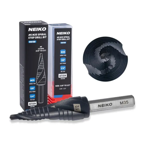Miniatura 79 de NEIKO 10602B Step Drill Bit, 13 Steps 1/8" to 1/2" Spiral M35 Cobalt, AlTiSiN Coated, 1/4" Quick Change Step Bits for Steel, Metal, Wood, Plastic