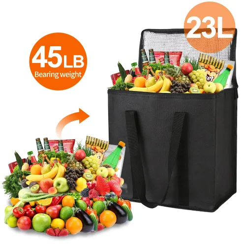 Miniatura 4 de Bodaon Paquete de 2 bolsas de compras reutilizables aisladas para comestibles, bolsa enfriadora de picnic con parte superior fría, color negro