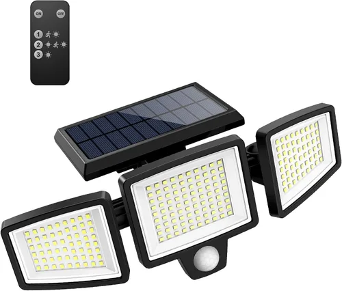 Tuffenough - Luces solares para exteriores, 2500 lm, 210 luces LED de seguridad con control remoto, 3 cabezales de luces con sensor de movimiento,