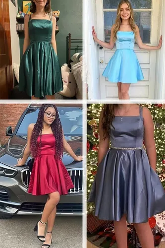 Miniatura 5 de Tianzhihe Vestidos cortos de satén para adolescentes 2024 con tirantes delgados, vestidos de fiesta de cóctel con bolsillos