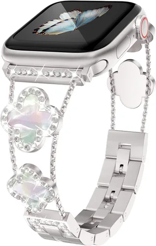 Miniatura 8 de Musk-MSKR Correas de metal con diamantes añaden brillo a tu reloj para Apple Watch Series 11/10/9/8/7/6/5/4/3/2/SE/Ultra Trébol Simple y elegante