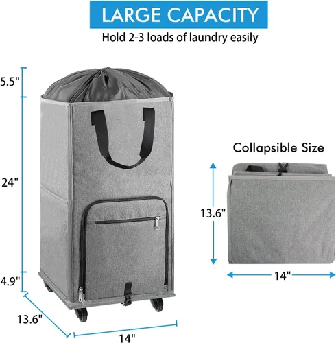 Miniatura 3 de Bukere - Cesta de lavandería con ruedas, cesta grande con 4 ruedas y 2 asas, bolsa de lavandería con ruedas plegable independiente para ropa, Gris