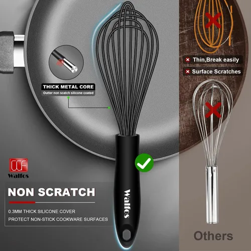 Miniatura 4 de Walfos Batidor de silicona, batidor de alambre de acero inoxidable, juego de 3 batidores de cocina resistentes al calor a 480 °F para utensilios